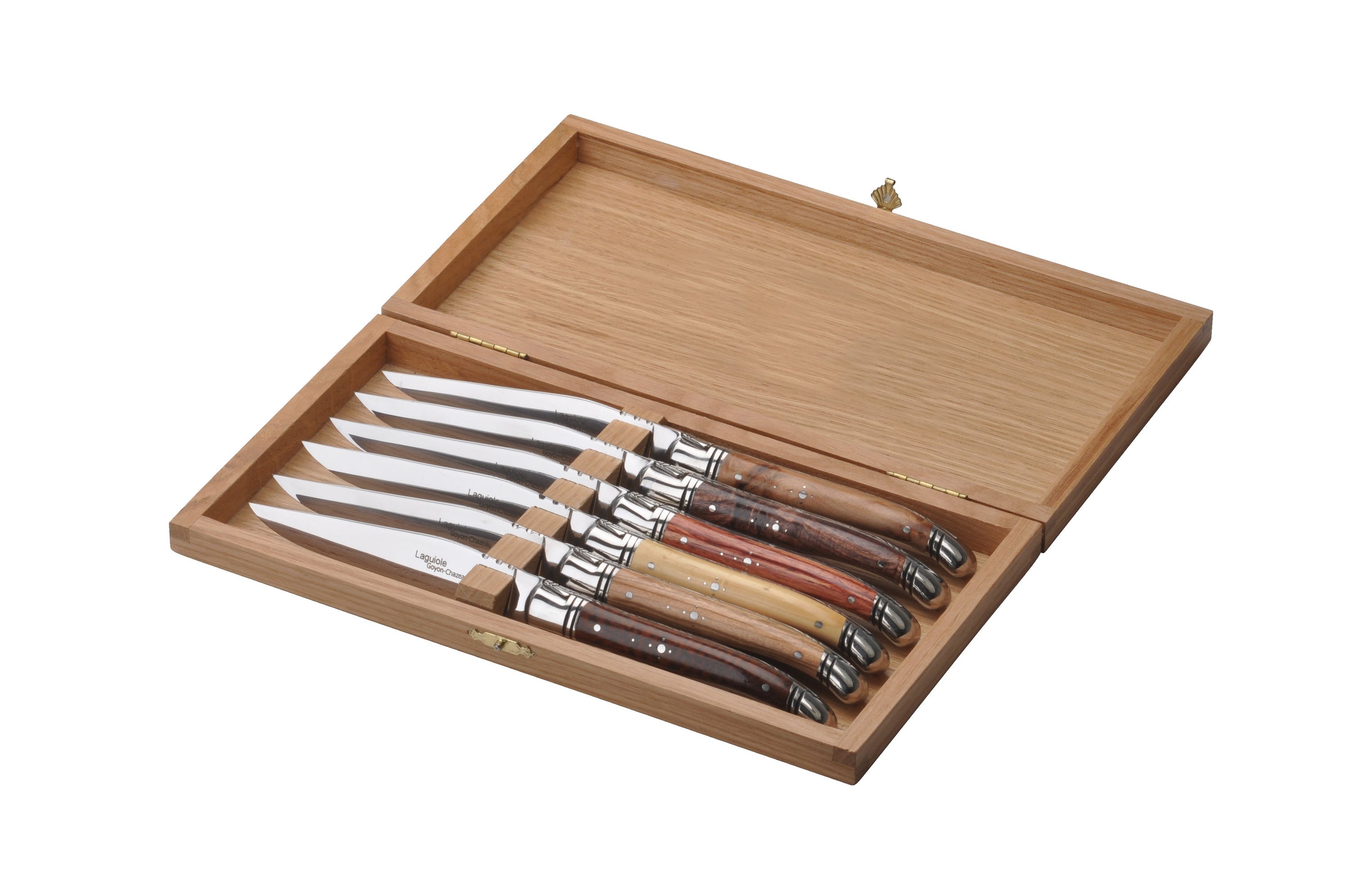 Set mit 6 Stück "Le Thiers Prestige" Steakmessern von Goyoun Chazeau - Griffe aus Edelhölzern