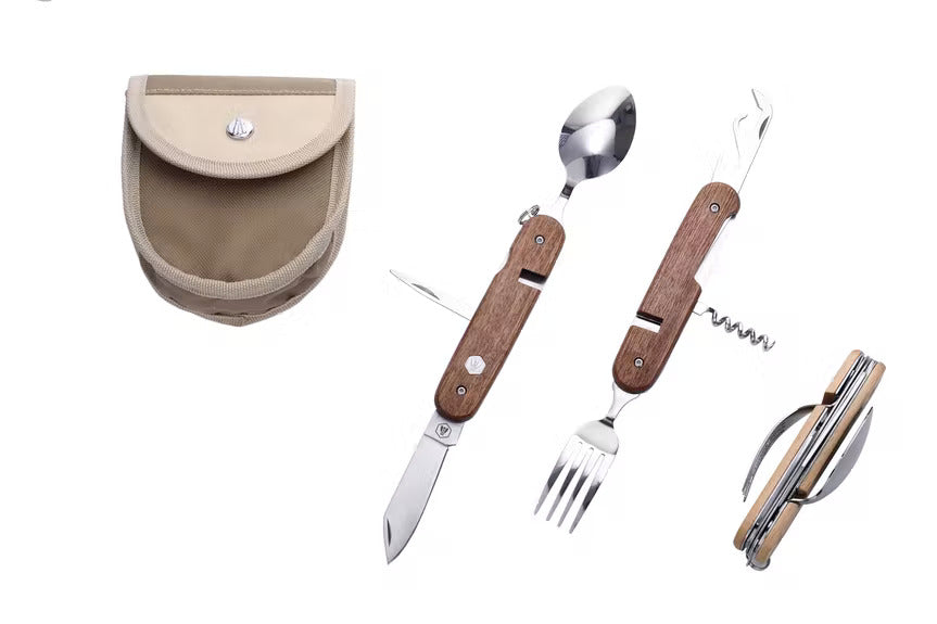 Laguiole - Zusammenklappbares Outdoor- Wanderbesteck mit Tasche - für 2 Personen