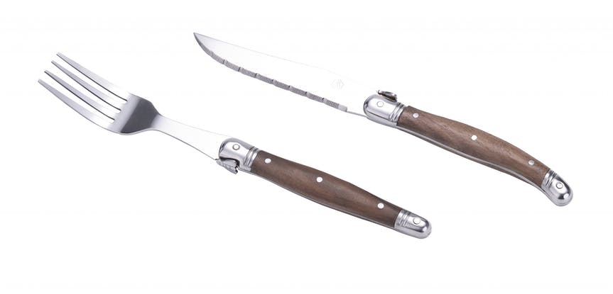Set mit je 6 Stück Steakmesser, Gabeln und einem Holzständer von Laguiole