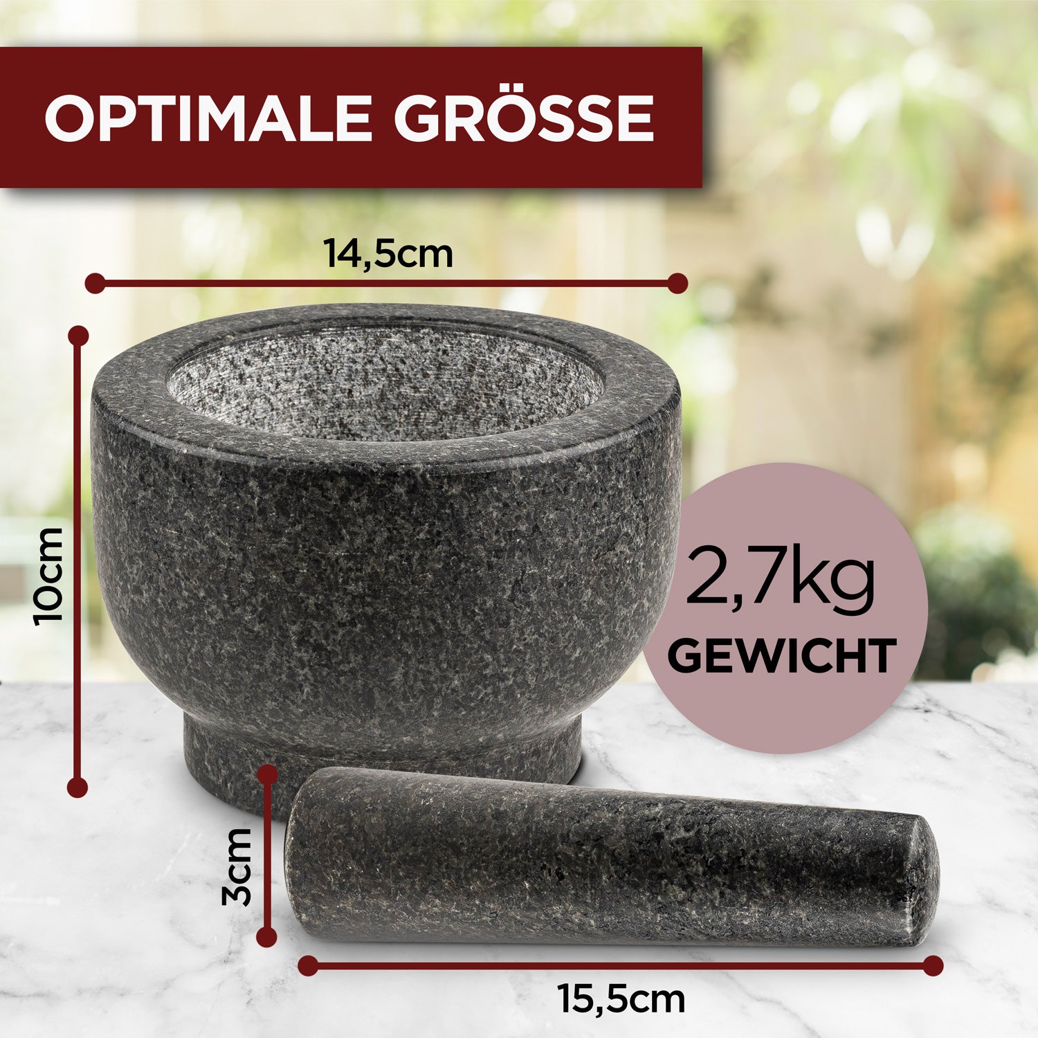 Mörser mit Stößel aus Granit – Ideal für Kräuter und Gewürze